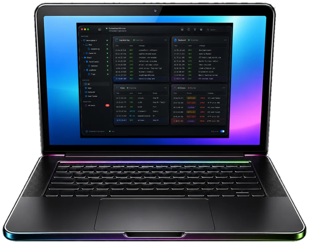 LogRaker running on a MacBook, showing its multi-pane log dashboard on the desktop.