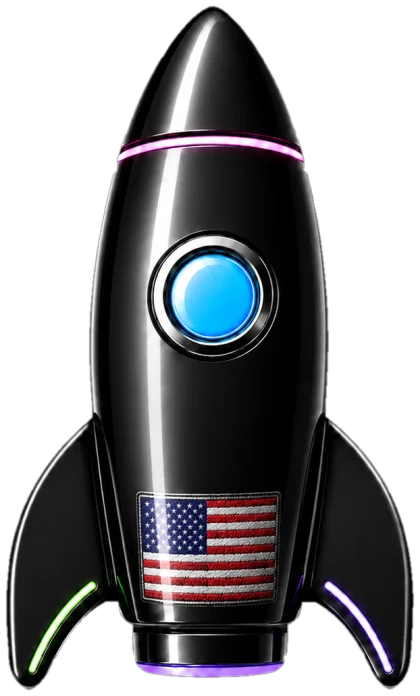 A glossy black rocket with an American flag and neon accents.