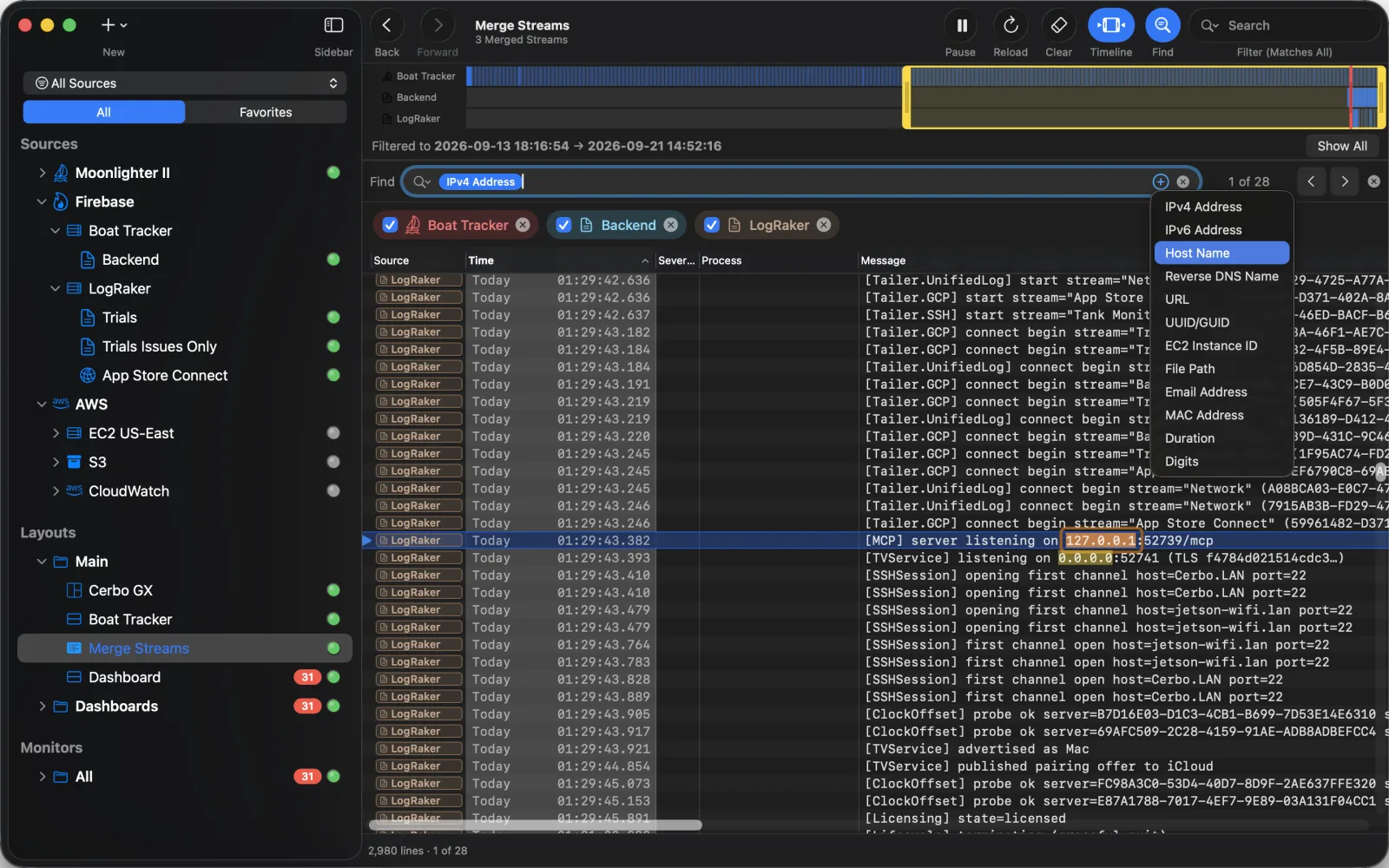 Three merged streams with the Find bar open, an IPv4 Address token in the field and the Insert menu listing the other kinds it matches.