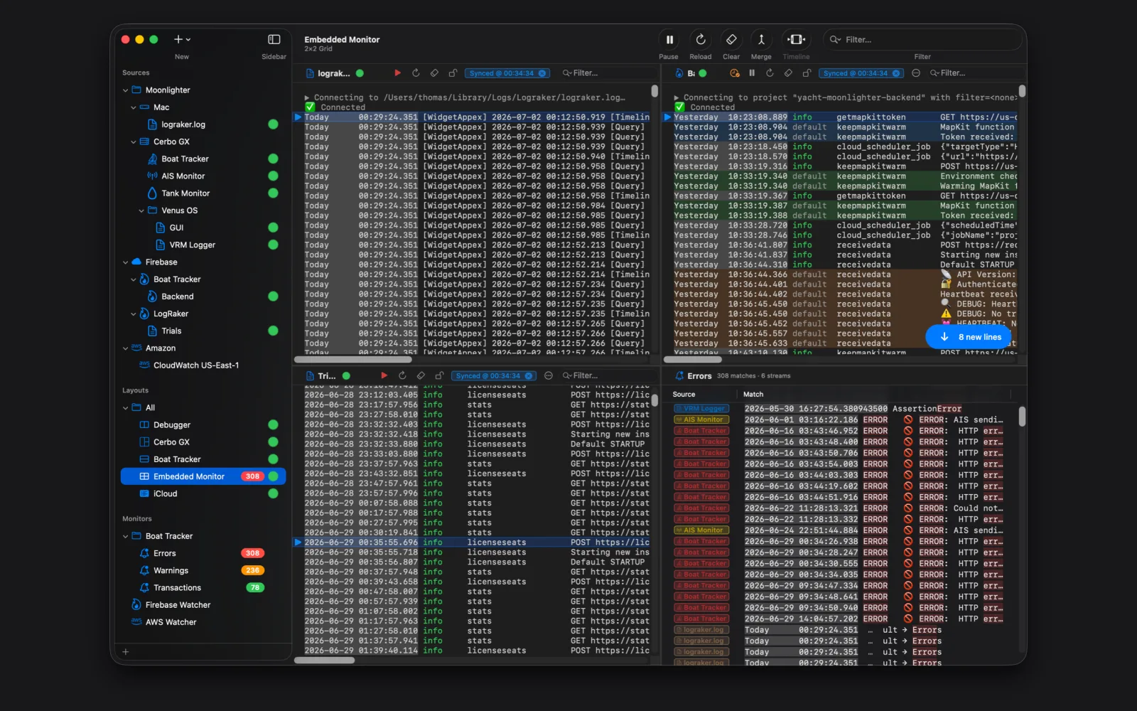A 2×2 grid layout tailing a local log and Firebase functions alongside a live error monitor.