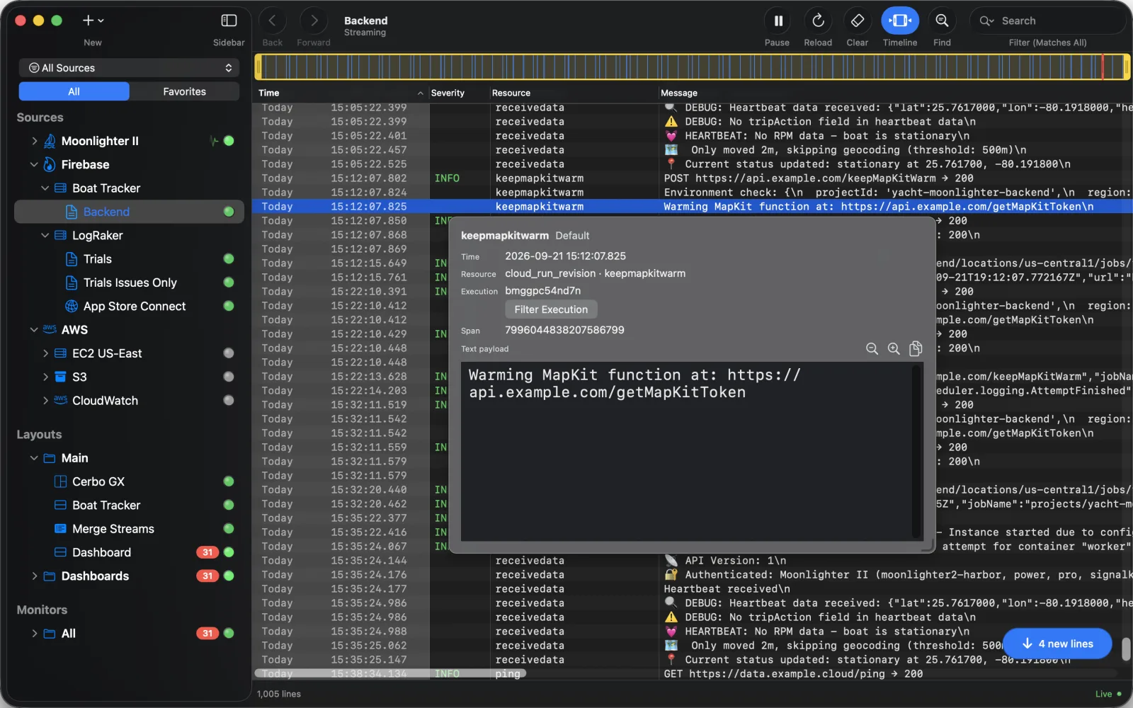 The line inspector open over a Firebase stream, showing the entry’s resource, execution, span and raw payload.