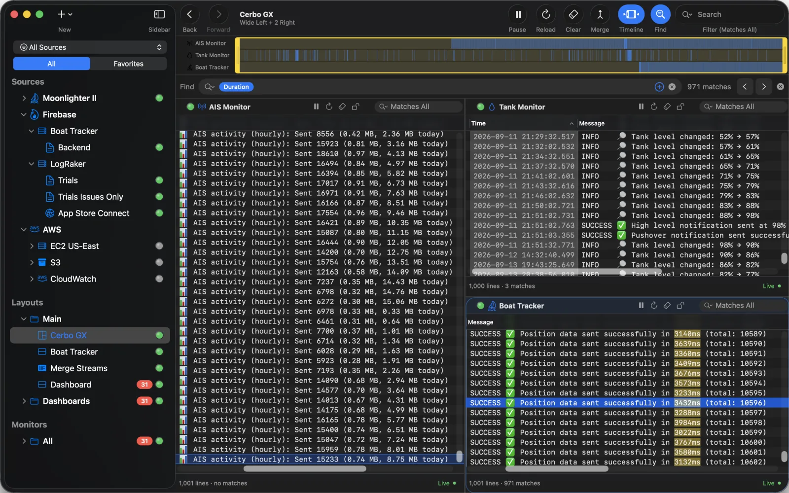A three-pane layout tailing an AIS monitor, a tank monitor and a boat tracker at once, with matches highlighted.