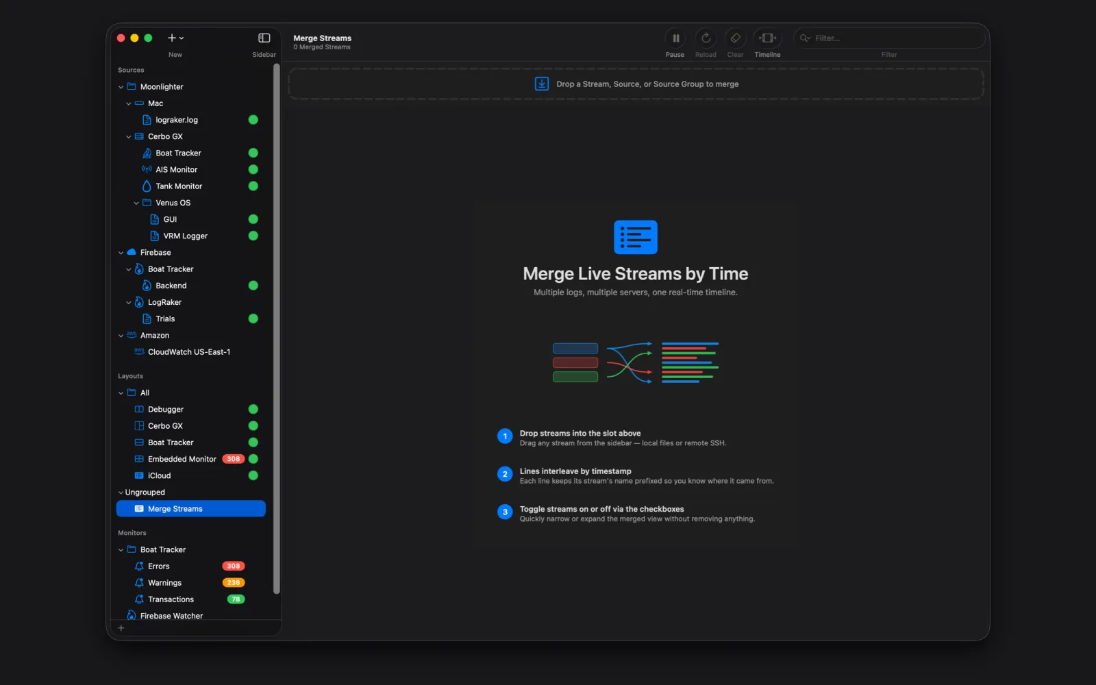LogRaker's Merge Streams view, ready for streams to be dropped in and interleaved into one real-time timeline.