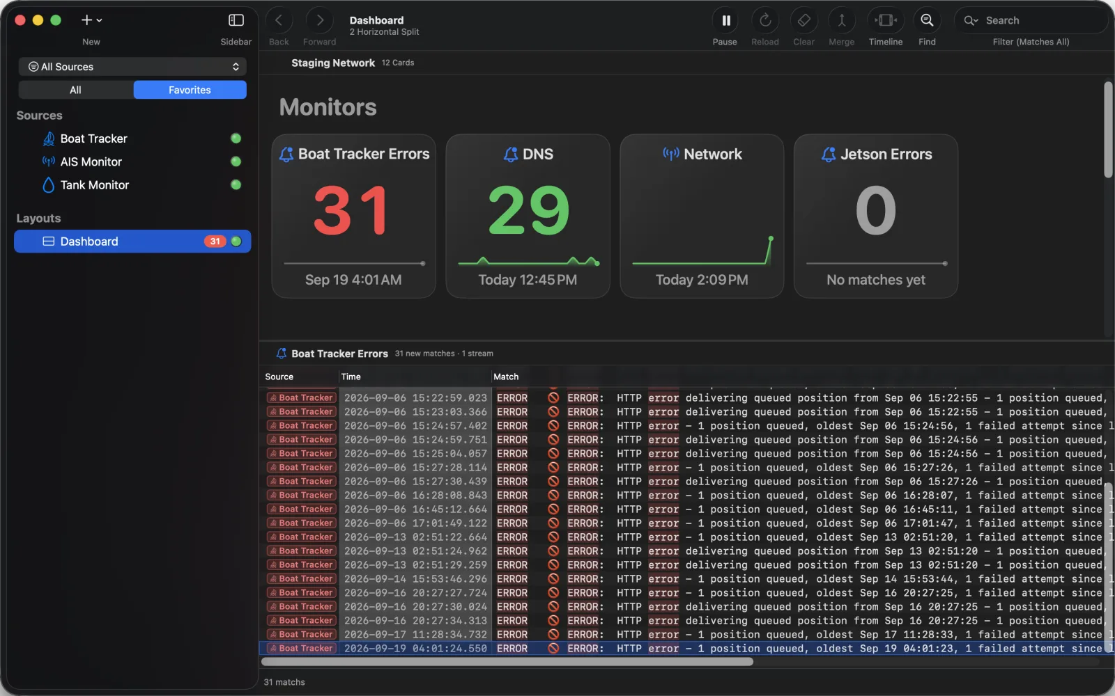 A Dashboard above its Monitor’s match list, every matching error line listed with its source and time.