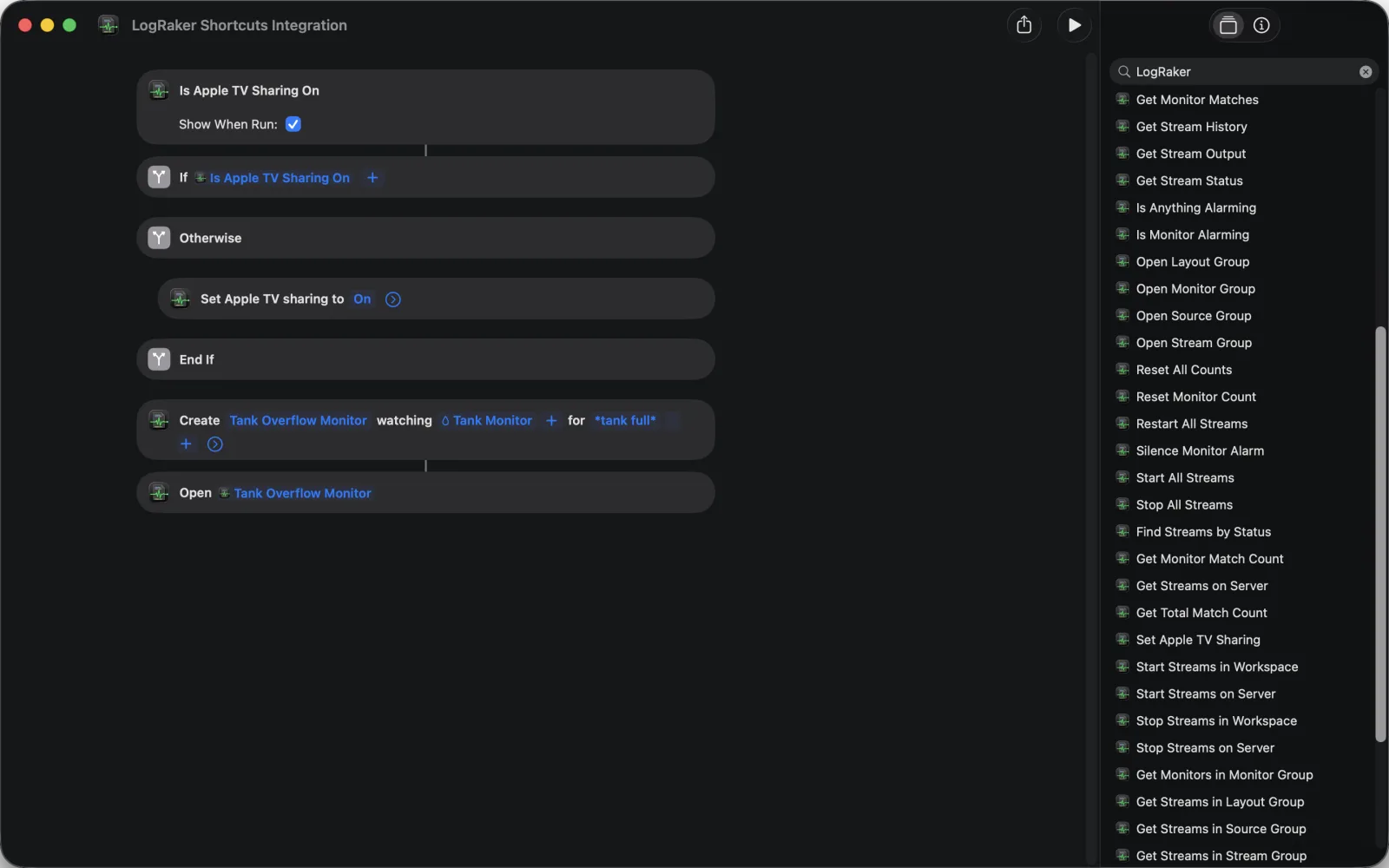 A shortcut in the Shortcuts app checking Apple TV sharing, creating a Monitor and opening it, beside the list of LogRaker actions.