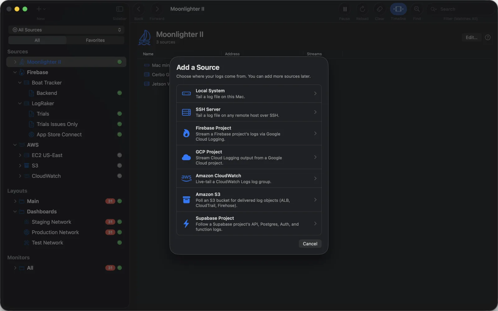 The Add a Source sheet listing local files, SSH servers, Firebase, Google Cloud, Amazon CloudWatch, Amazon S3 and Supabase.