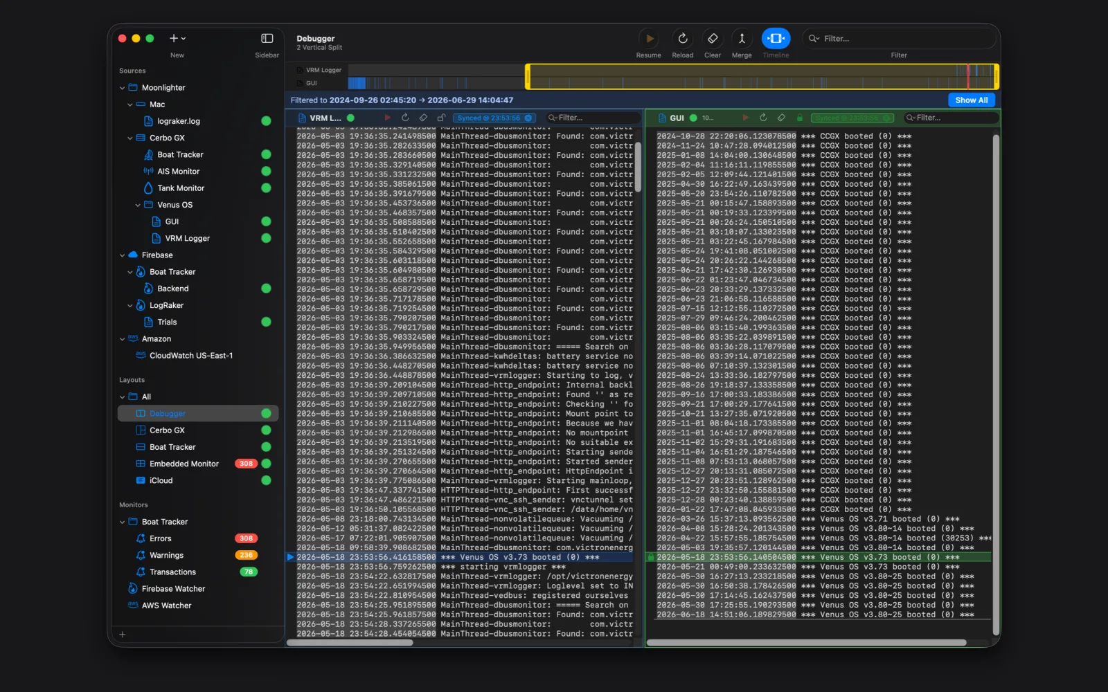 A two-pane split with the Timeline heatmap above, both logs scrubbed to the same moment.
