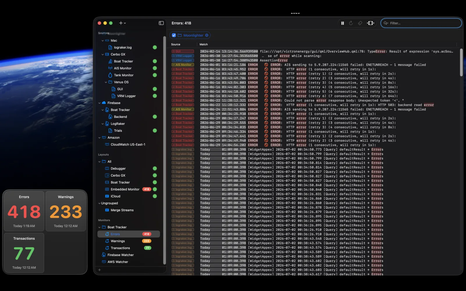 Desktop widgets showing live error, warning, and transaction counts next to a monitor window listing the matches.